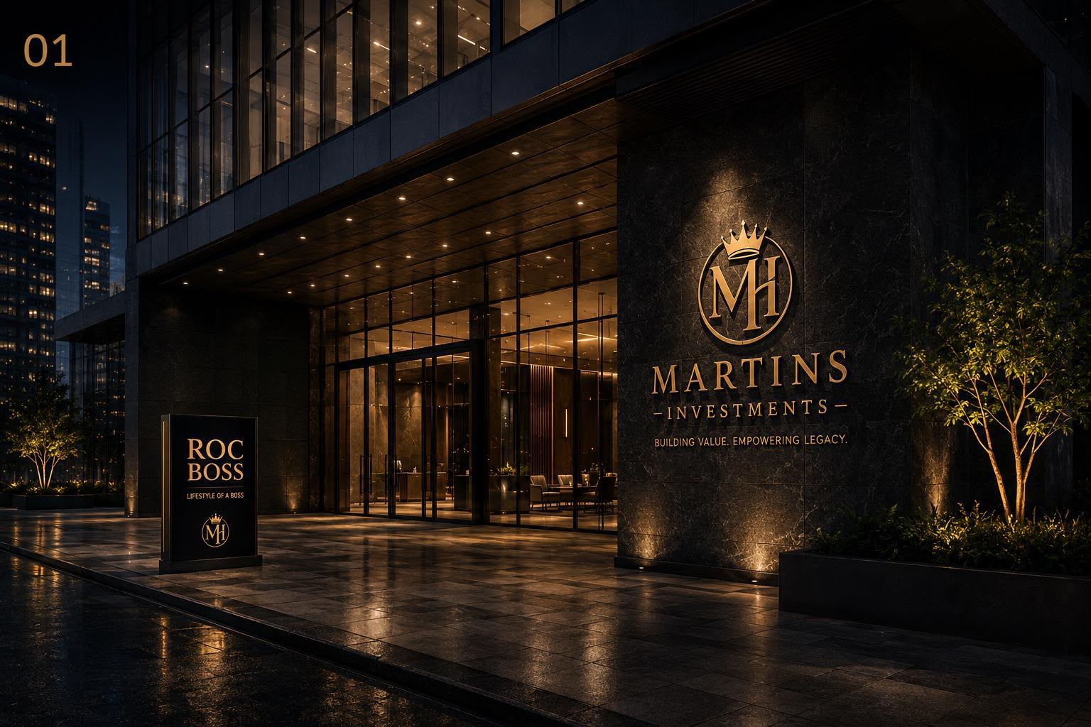 Martins Investments headquarters entrance at night
